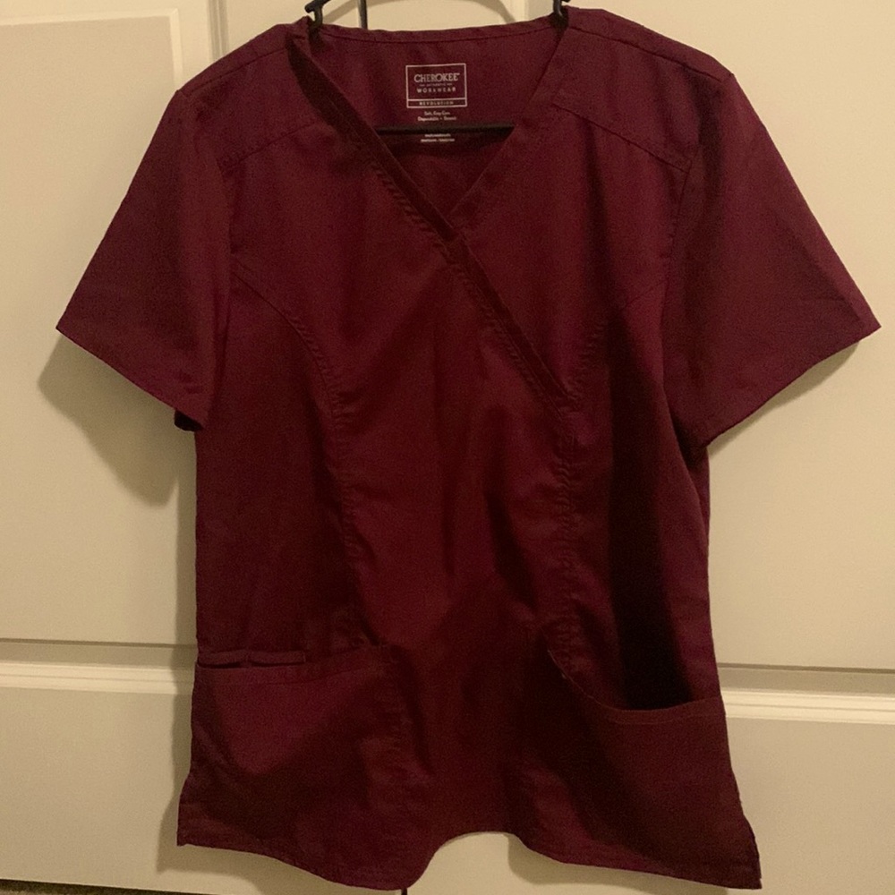 Wine colored Cherokee workwear scrub top
